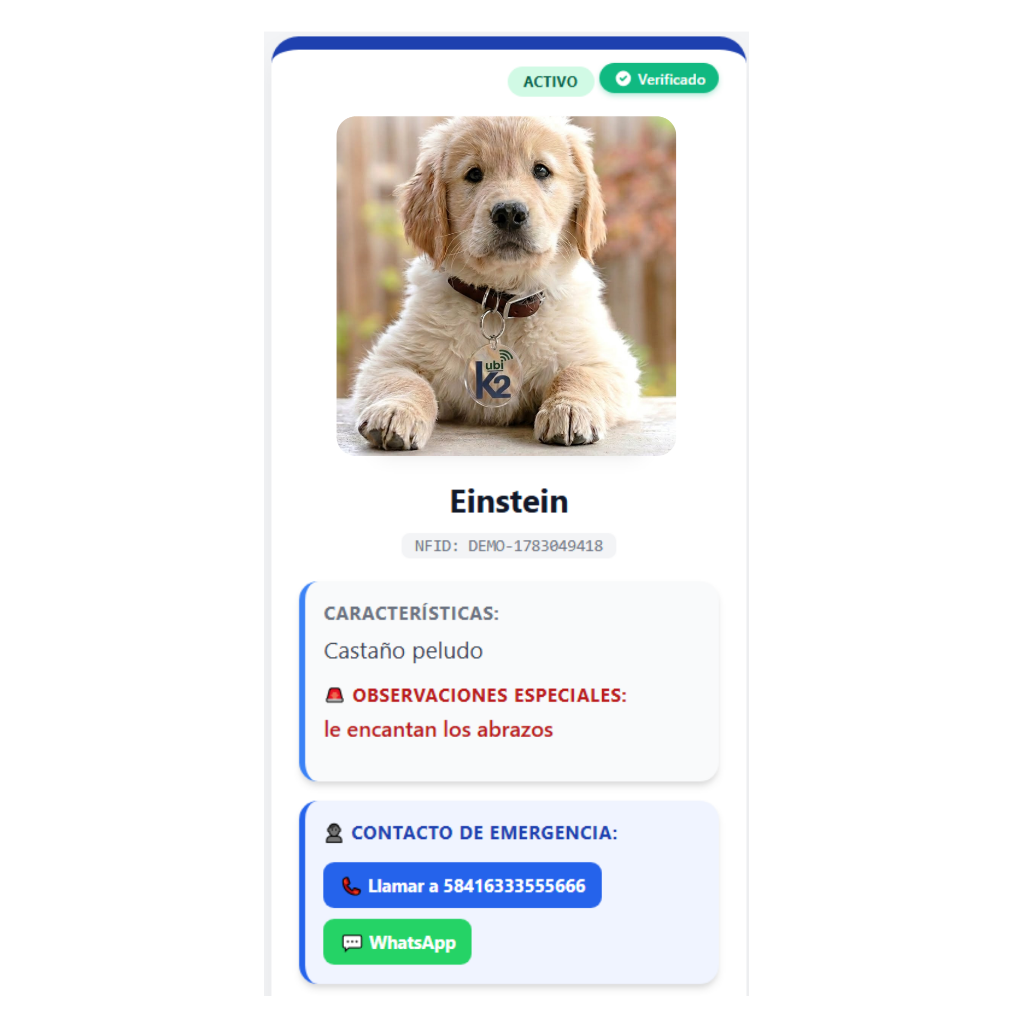 Placa inteligente NFC + QR para mascotas ubi-k2